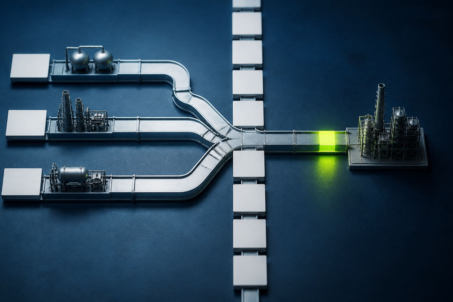 Three modular process paths converging into one organised industrial operating flow