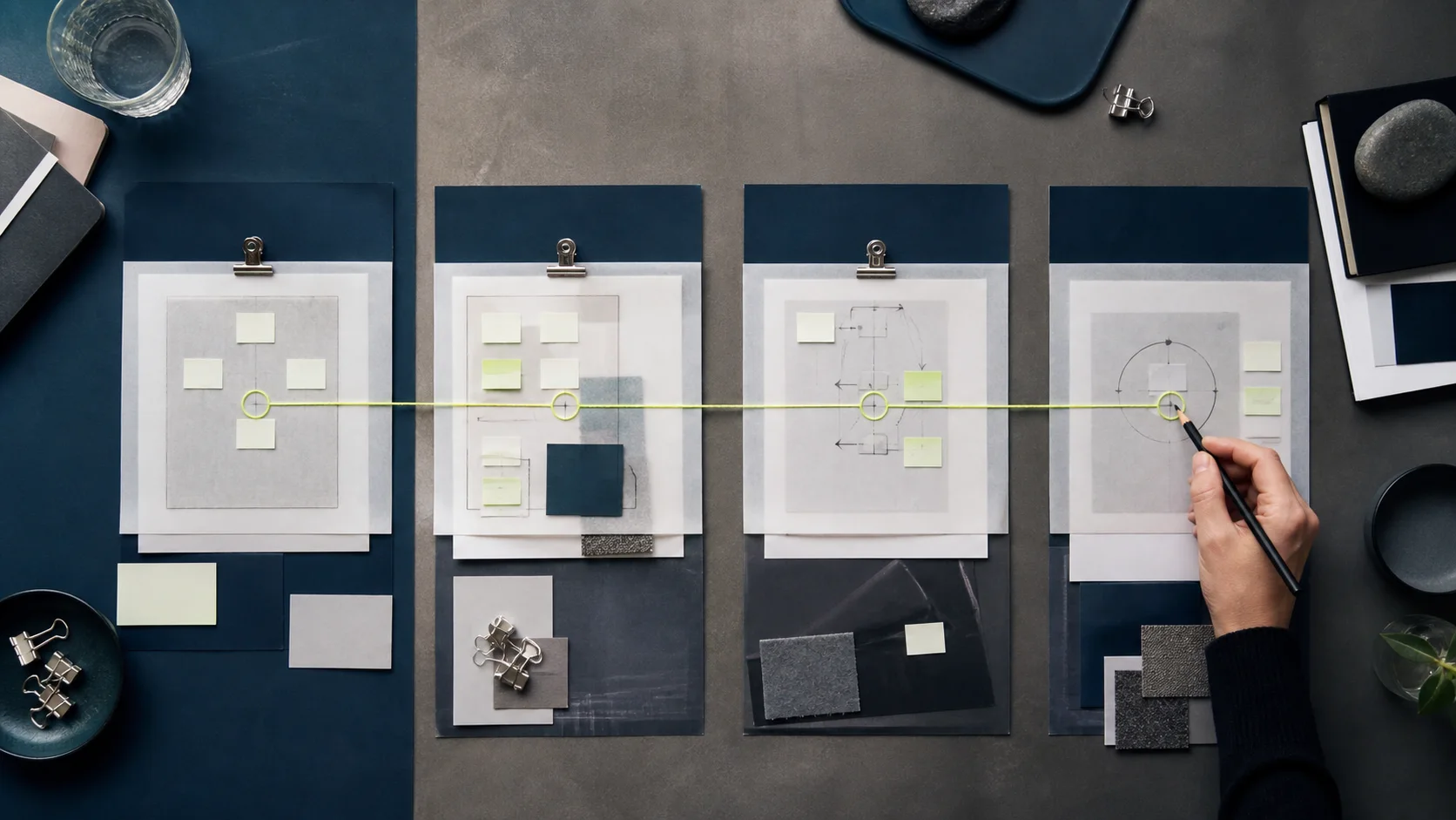 Four connected decision stages on a planning table with one hand marking a checkpoint